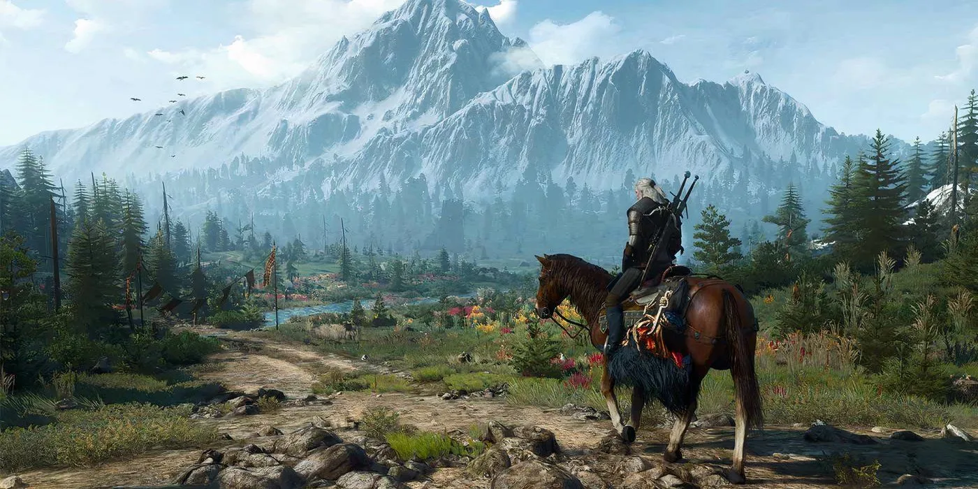 Geralt cưỡi ngựa nhìn về thung lũng, chuẩn bị đối mặt với hiểm nguy ngày hoặc đêm