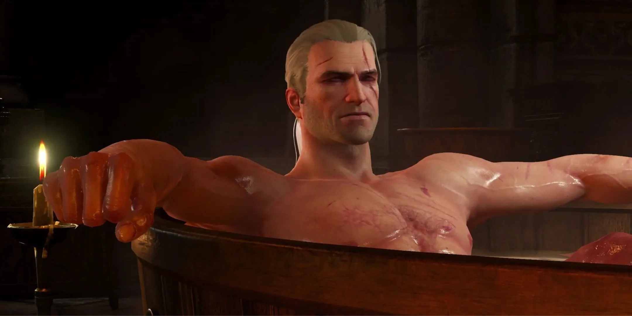 Geralt trong bồn tắm thư giãn, biểu tượng cho sự nghỉ hưu của thợ săn quái vật