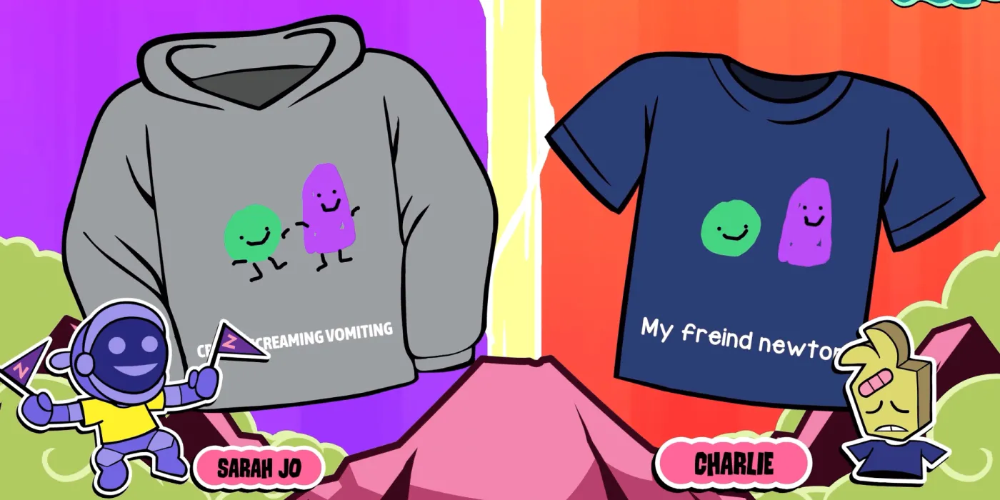 Giao diện game Tee K.O 2 trong Jackbox Party Pack, trò chơi vẽ và đấu khẩu.