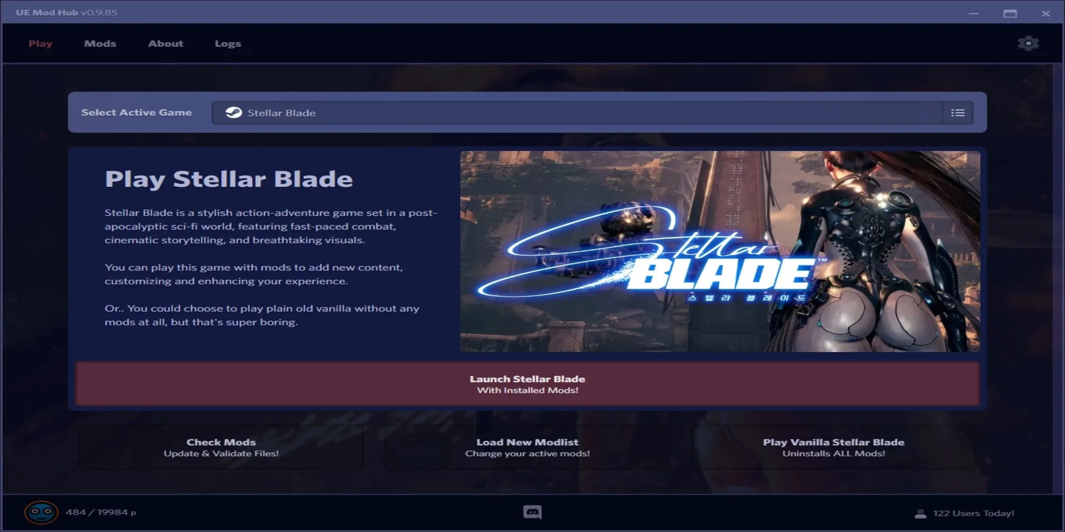 Giao diện Mod Hub Stellar Blade PC, công cụ quản lý mod