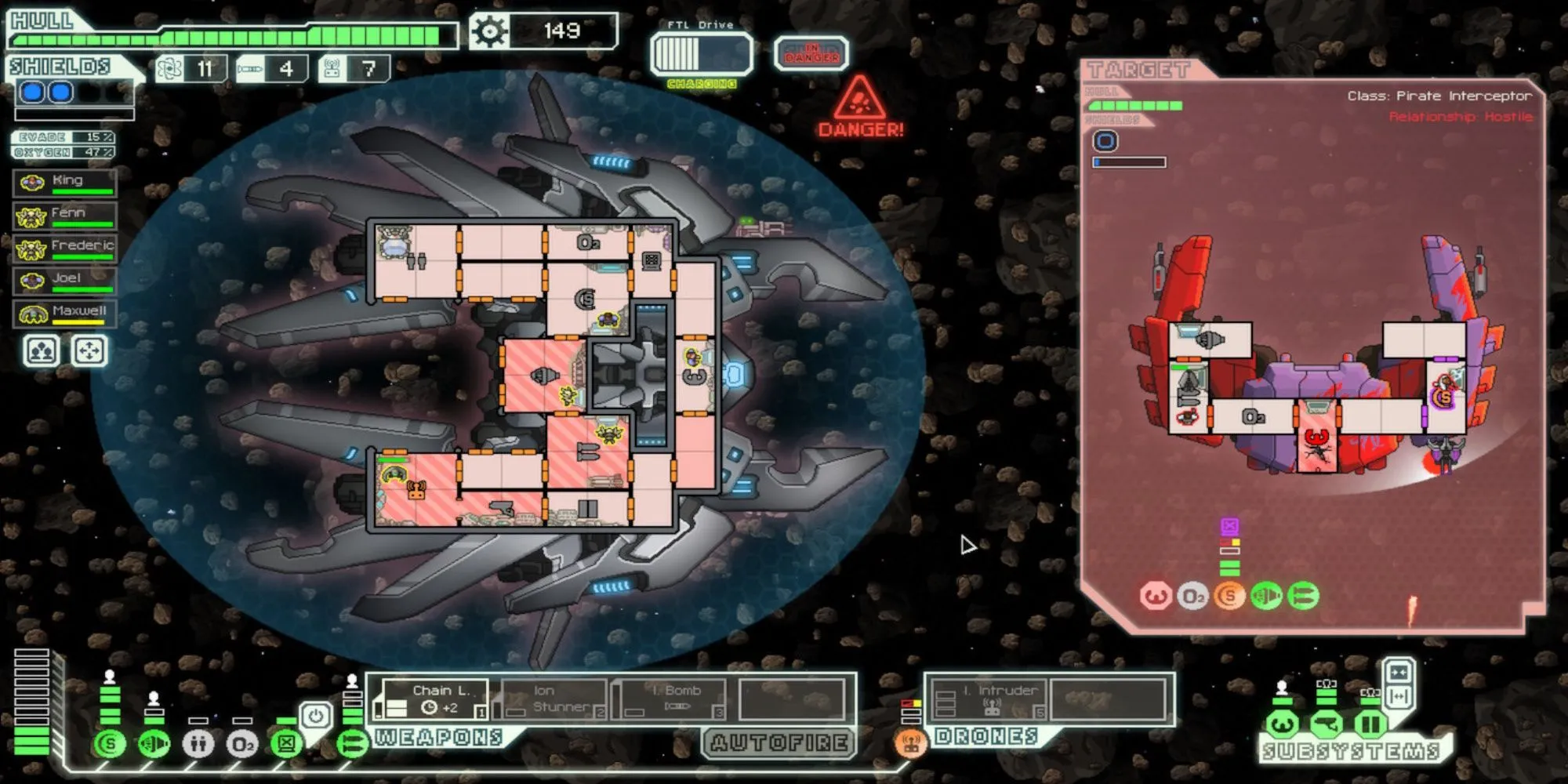 Giao diện quản lý tàu vũ trụ trong game Roguelike FTL Faster Than Light