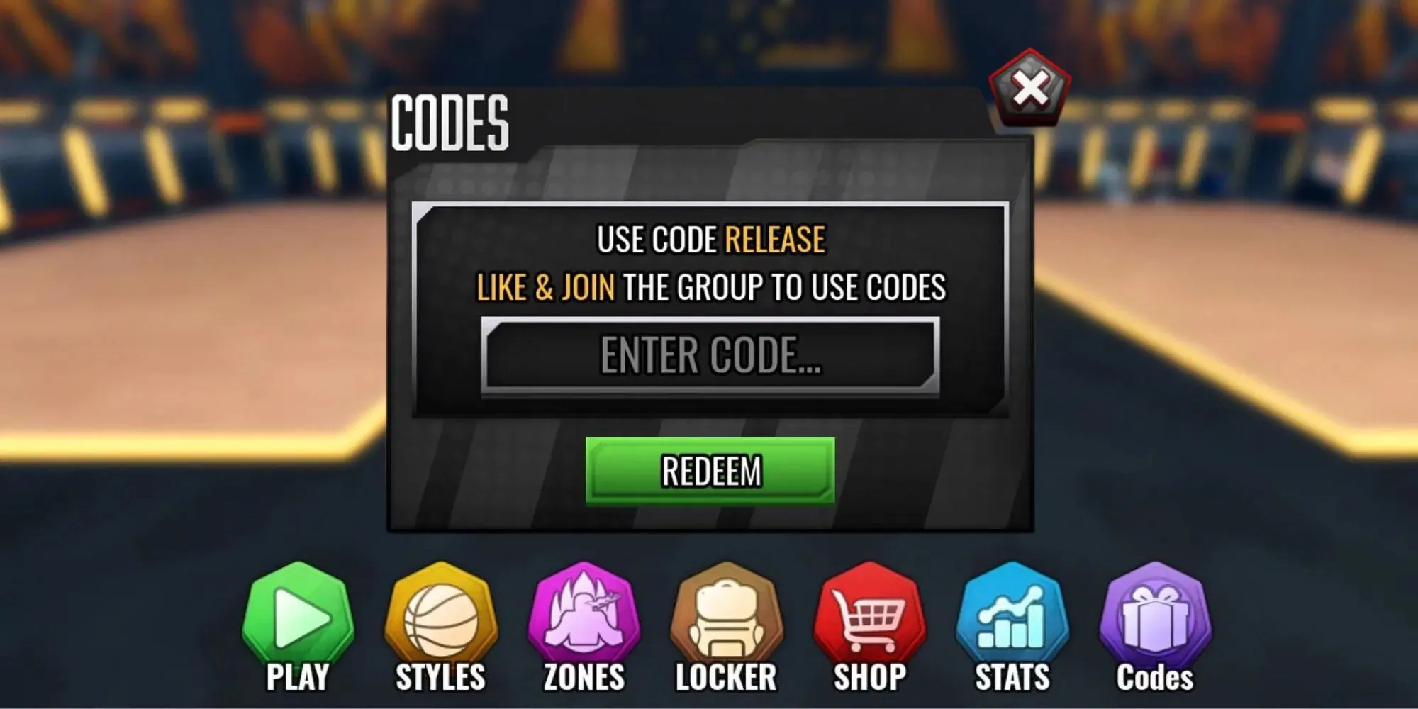 Giao diện trong game Basketball Zero hiển thị nút &quot;Codes&quot; để nhập mã
