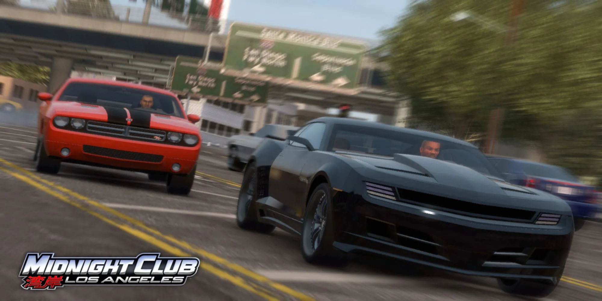 Hai chiếc xe đua màu đỏ và đen trong Midnight Club Los Angeles đang chạy qua một con phố ở Los Angeles