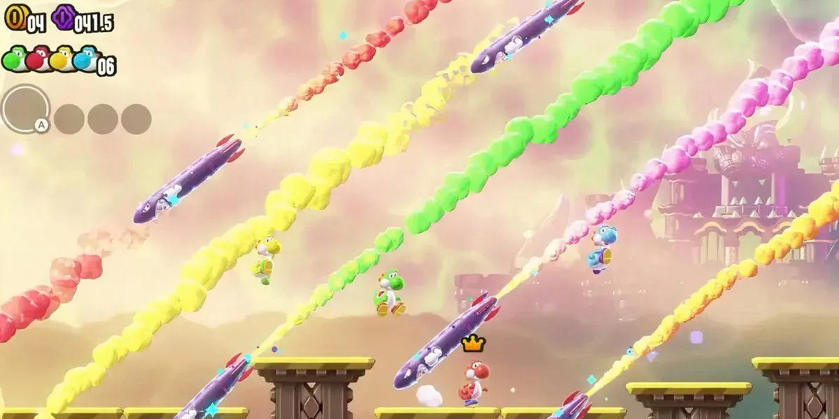 Hai chú Yoshi nhảy qua tên lửa trong Super Mario Bros. Wonder