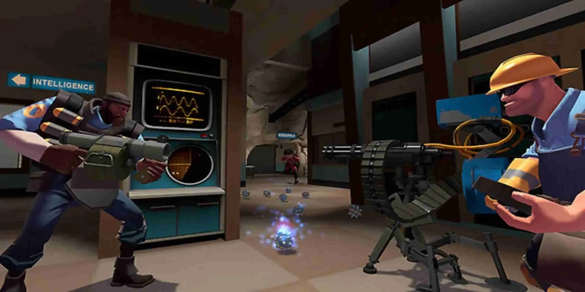 Hai đội RED và BLU giao tranh trên bản đồ 2Fort, một map CTF kinh điển trong Team Fortress 2