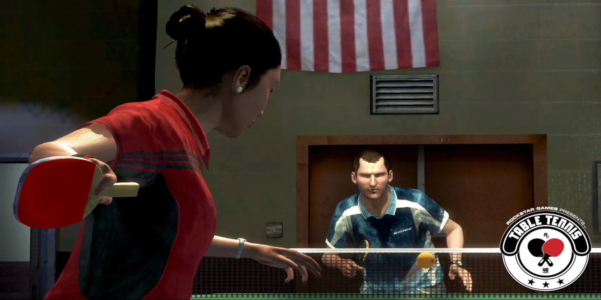 Hai người chơi bóng bàn đang chuẩn bị giao bóng trong Rockstar Games Presents Table Tennis