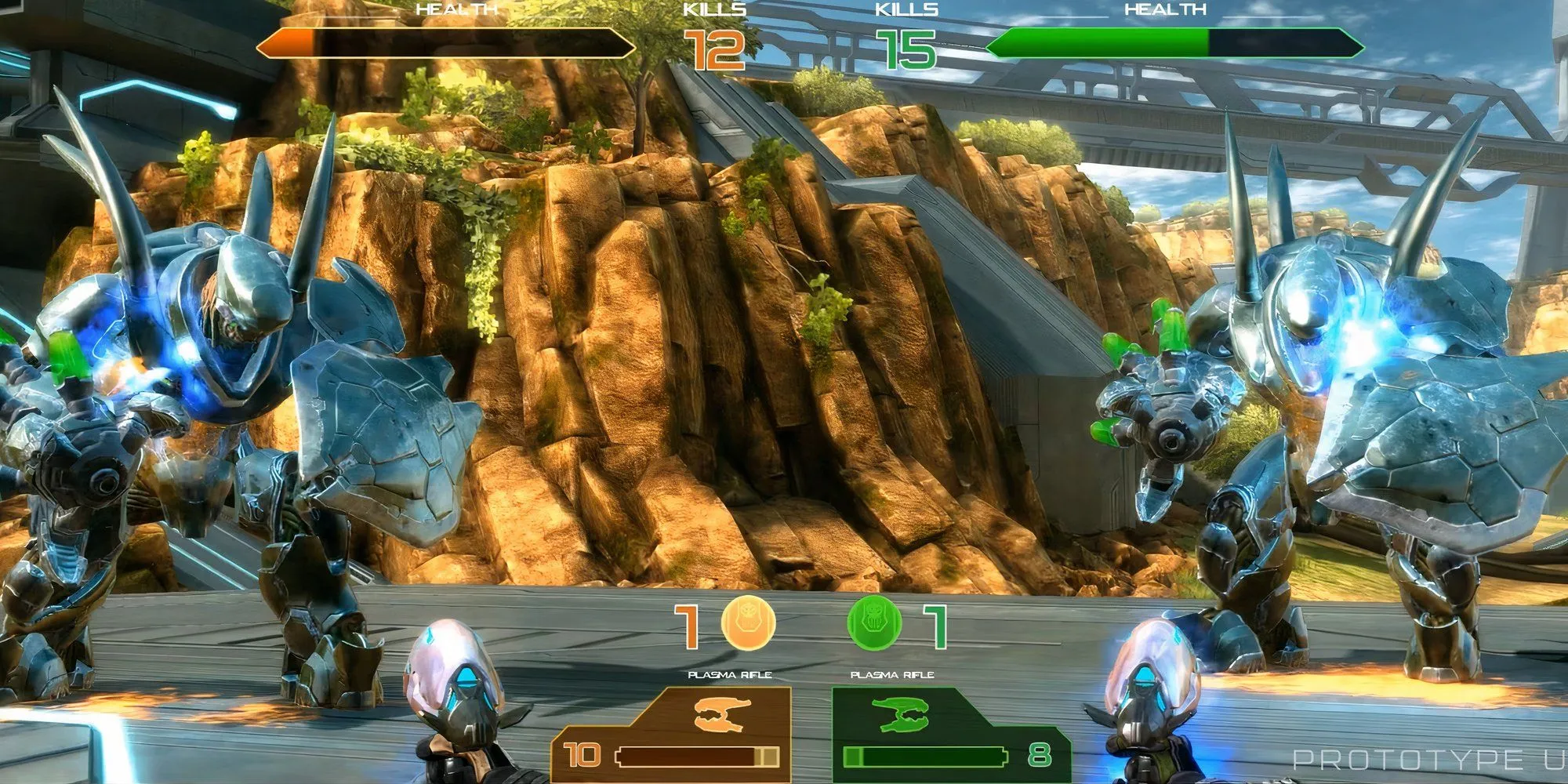 Hai người chơi ngắm và bắn Hunters bằng súng plasma trong game thùng Halo Fireteam Raven
