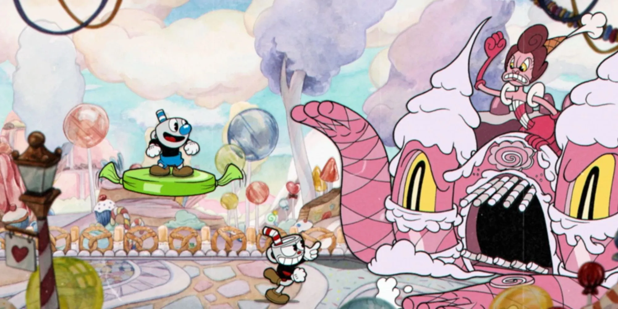 Hai nhân vật Cuphead và Mugman chiến đấu với boss Baroness Von Bon Bon trong Cuphead