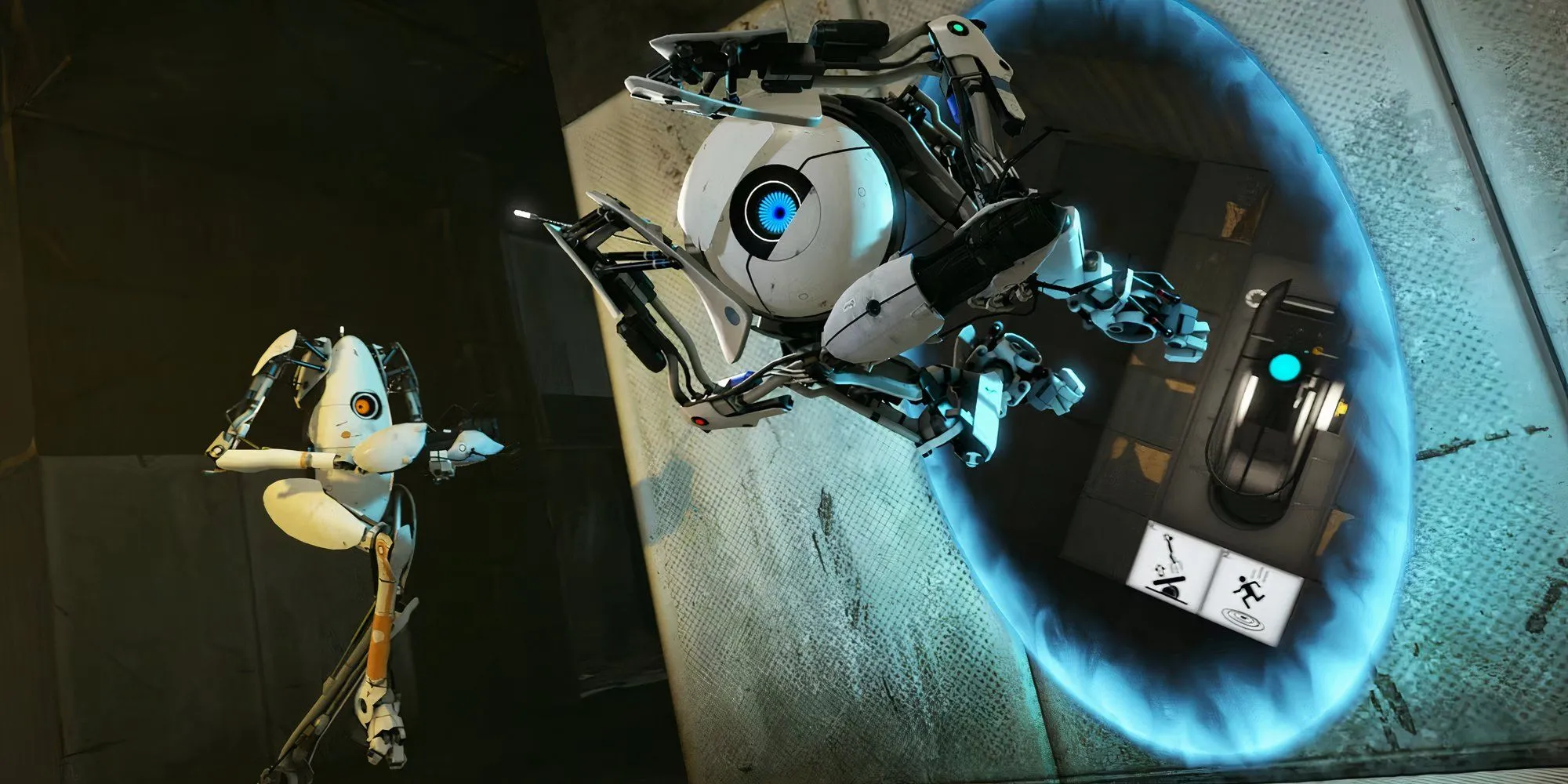 Hai robot Atlas và P-Body nhảy qua cổng dịch chuyển trong Portal 2 co-op