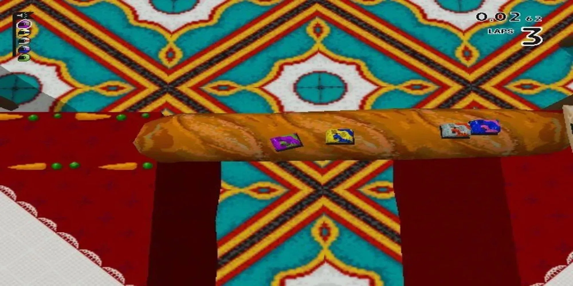 Hình ảnh chiếc xe đồ chơi đua trên bàn bi-a trong game Micro Machines V3 PS1, minh họa cho môi trường đua xe độc đáo.