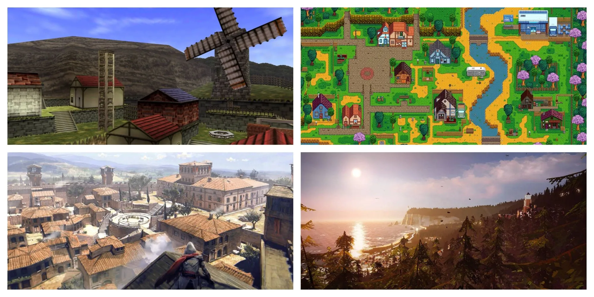 Hình ảnh minh họa các thị trấn biểu tượng trong game, bao gồm cả thị trấn Pelican trong Stardew Valley, một ví dụ về thế giới game cozy đầy hoạt động