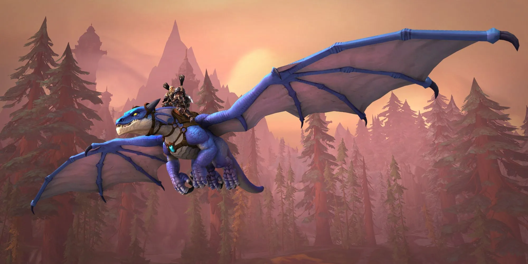 Hình ảnh một nhân vật cưỡi rồng bay vút trên bầu trời trong bản mở rộng Dragonflight của World of Warcraft.