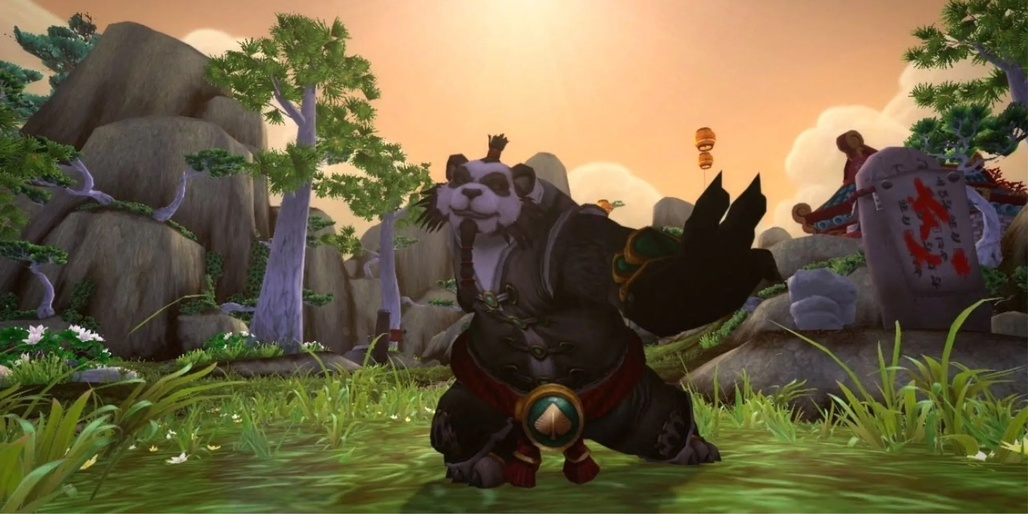 Hình ảnh nghệ thuật của Mists of Pandaria, thể hiện khung cảnh yên bình và các nhân vật Pandaren.