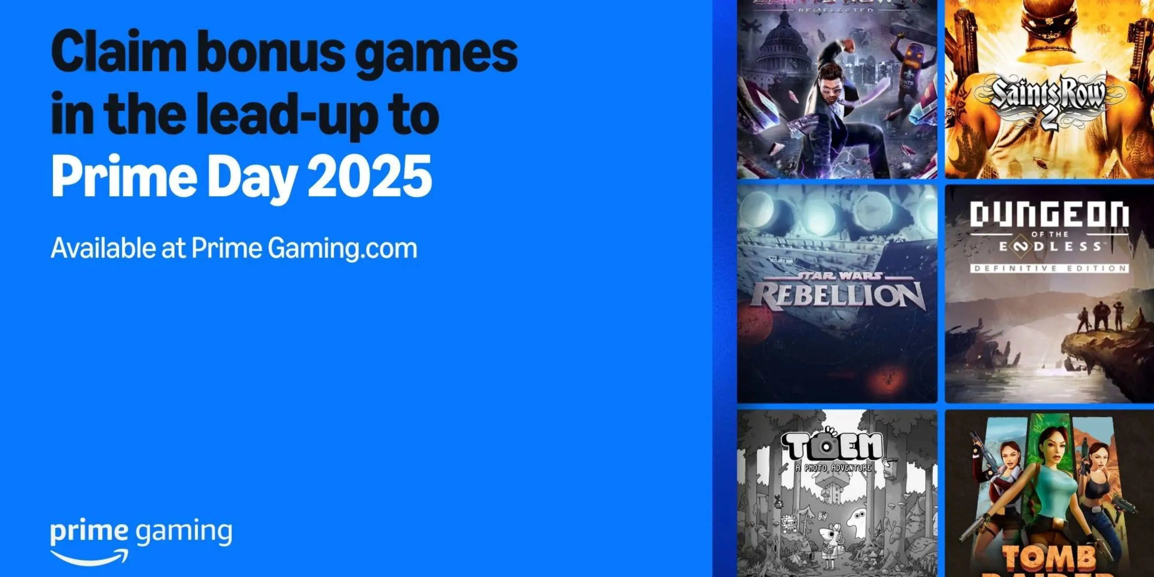 Hình ảnh tổng hợp các tựa game miễn phí mới bổ sung cho Amazon Prime Gaming tháng 6 năm 2025, bao gồm Tomb Raider 1-3 Remastered, Saints Row 2, Saints Row 4, Star Wars Rebellion, TOEM và Dungeon of the Endless.