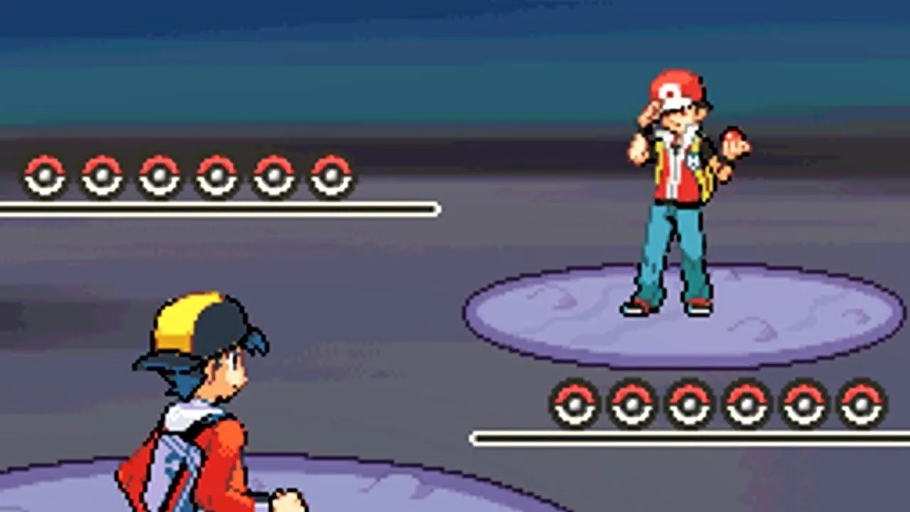 huấn luyện viên red đứng trên đỉnh núi trong pokemon heartgold soulsilver