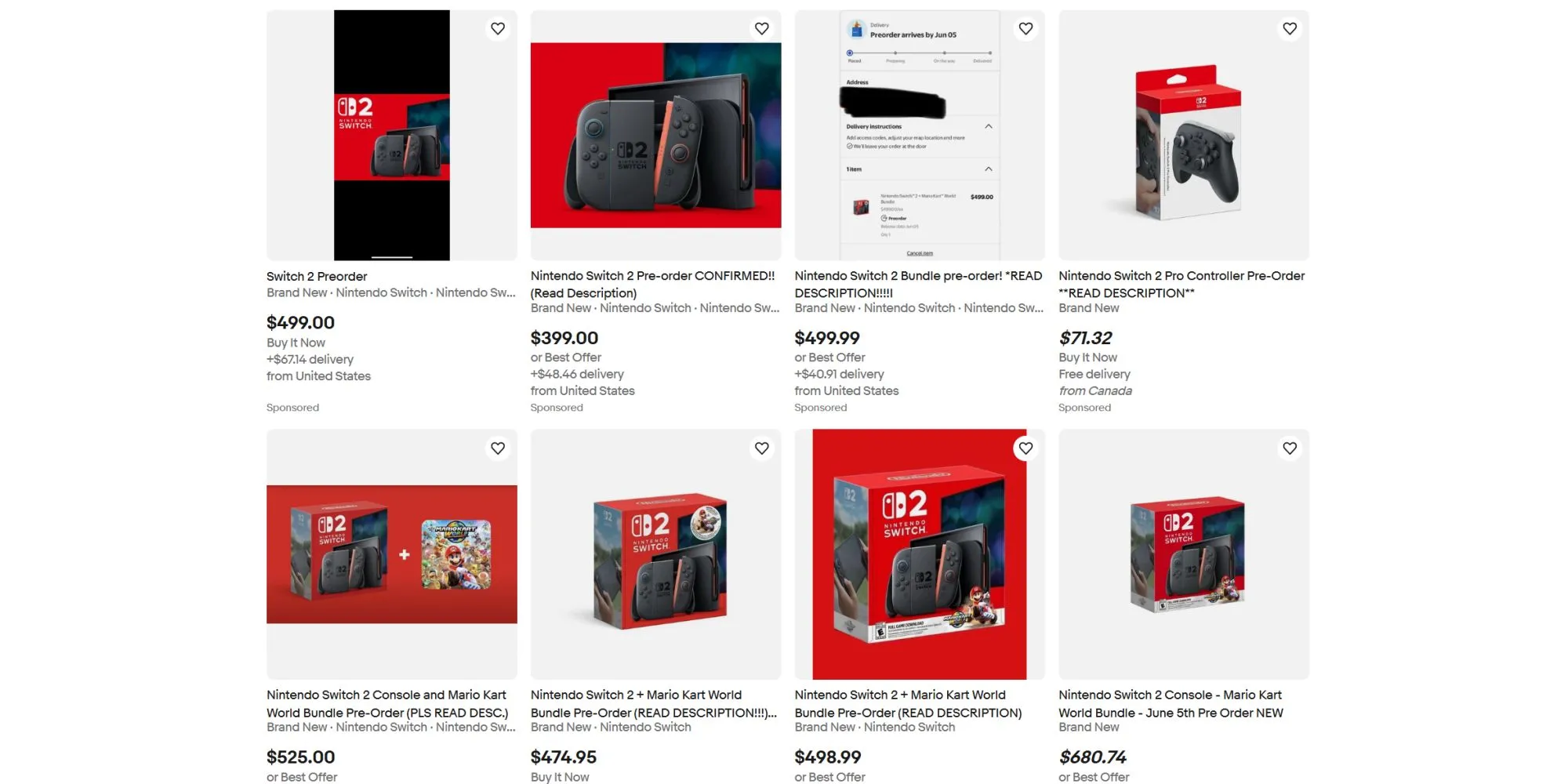 Kết quả tìm kiếm Nintendo Switch 2 trên eBay, cho thấy các listing giả
