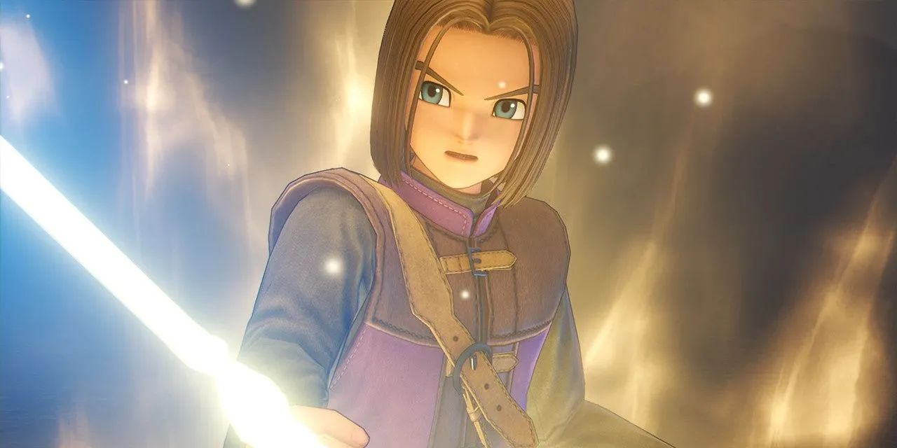 Luminary giơ cao Thanh gươm ánh sáng trong Dragon Quest 11