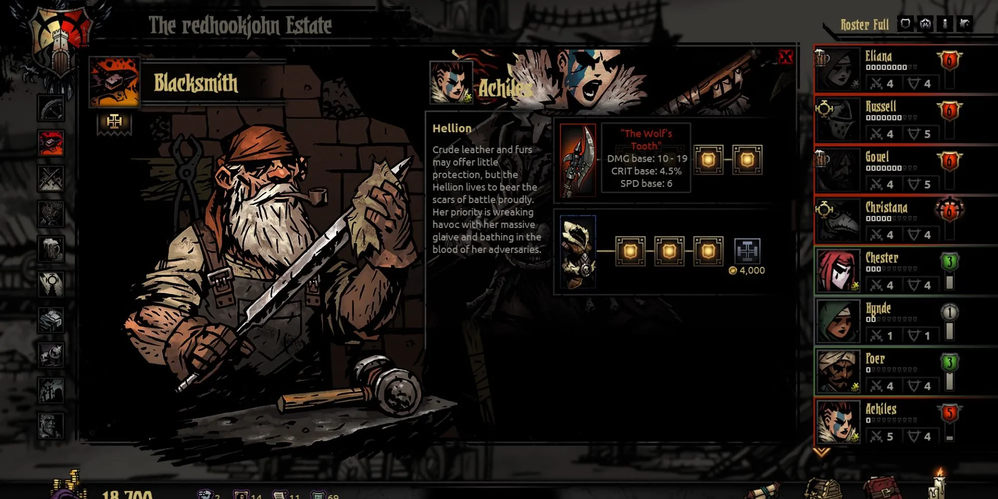 Màn hình giao diện Thợ rèn trong Darkest Dungeon