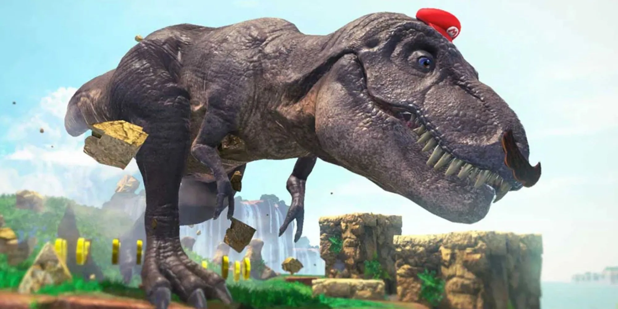 Mario cưỡi khủng long T-Rex trong game Super Mario Odyssey