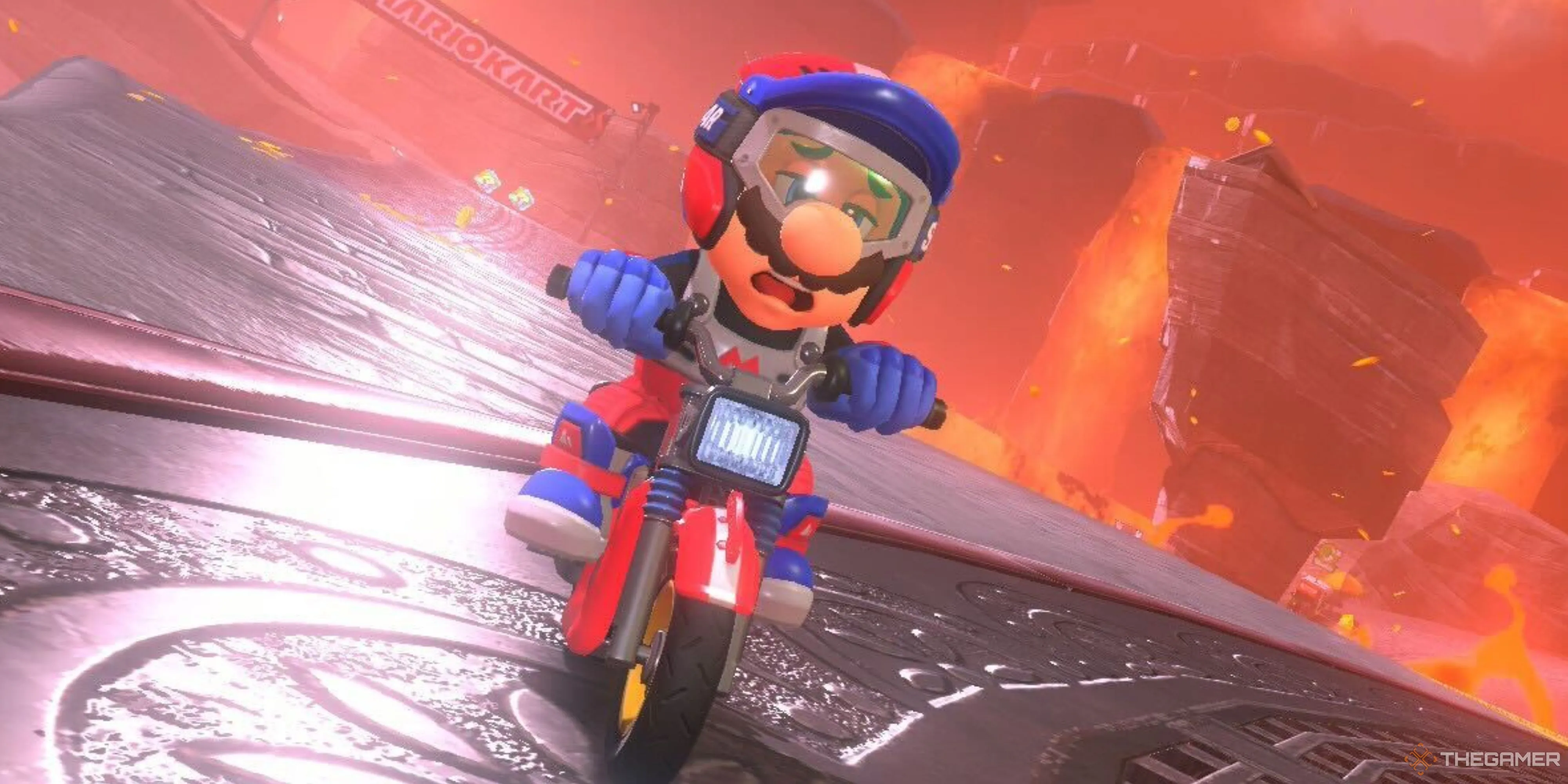 Mario đang ngồi trên xe máy, bên cạnh có Yoshi, trong khung cảnh game Mario Kart World