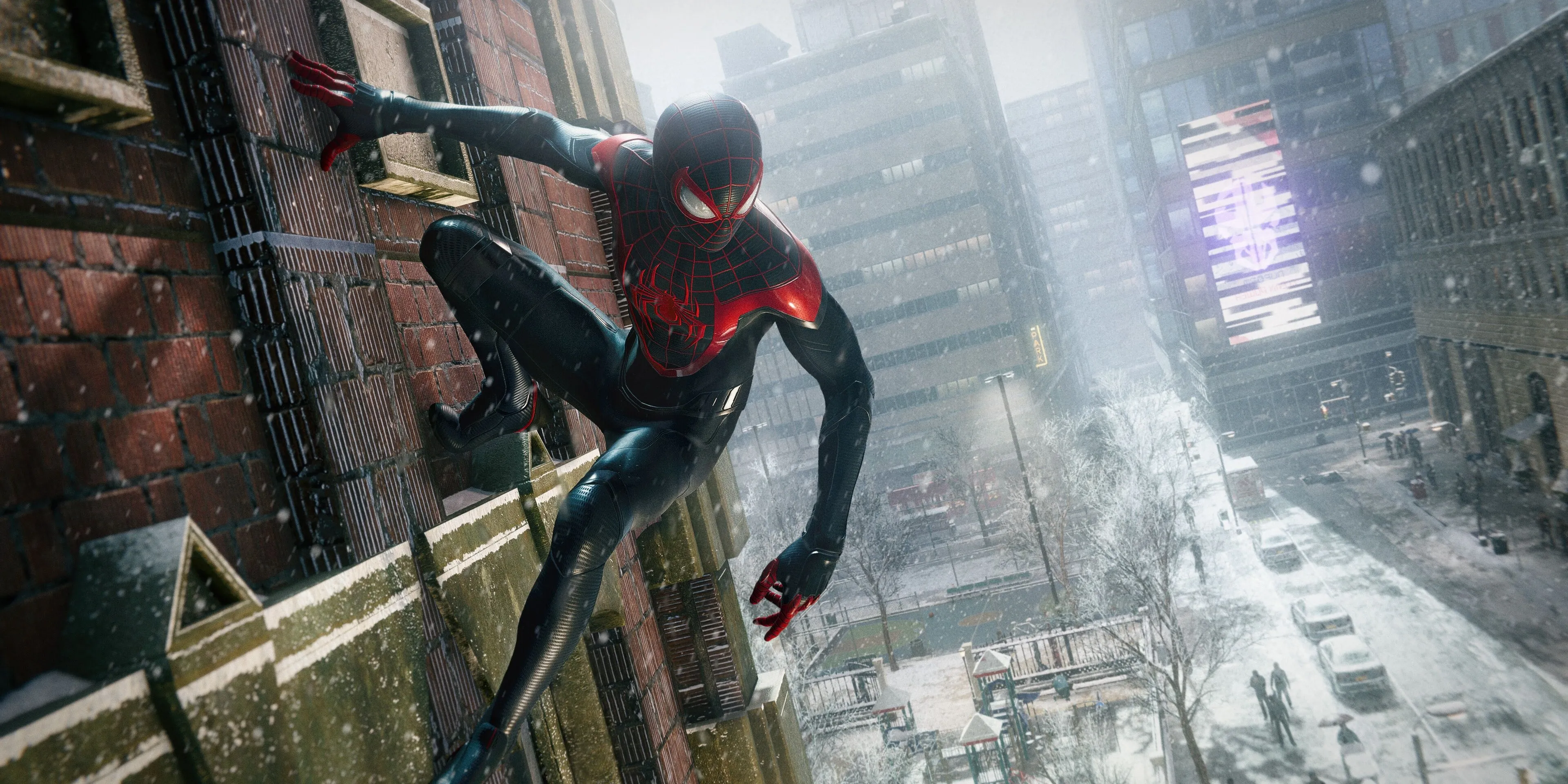 Miles Morales đu tơ trên tòa nhà cao tầng ở Manhattan trong game Spider-Man