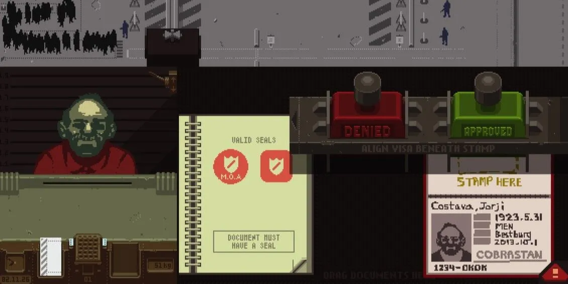 Minh họa gameplay kiểm tra giấy tờ và hộ chiếu trong game mô phỏng Papers, Please