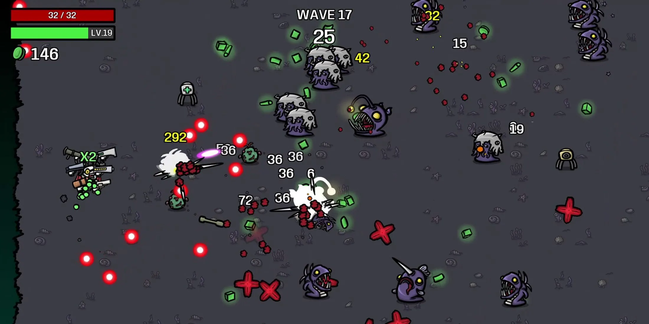 Minh họa lựa chọn nâng cấp vũ khí và nhân vật trong game roguelike Brotato