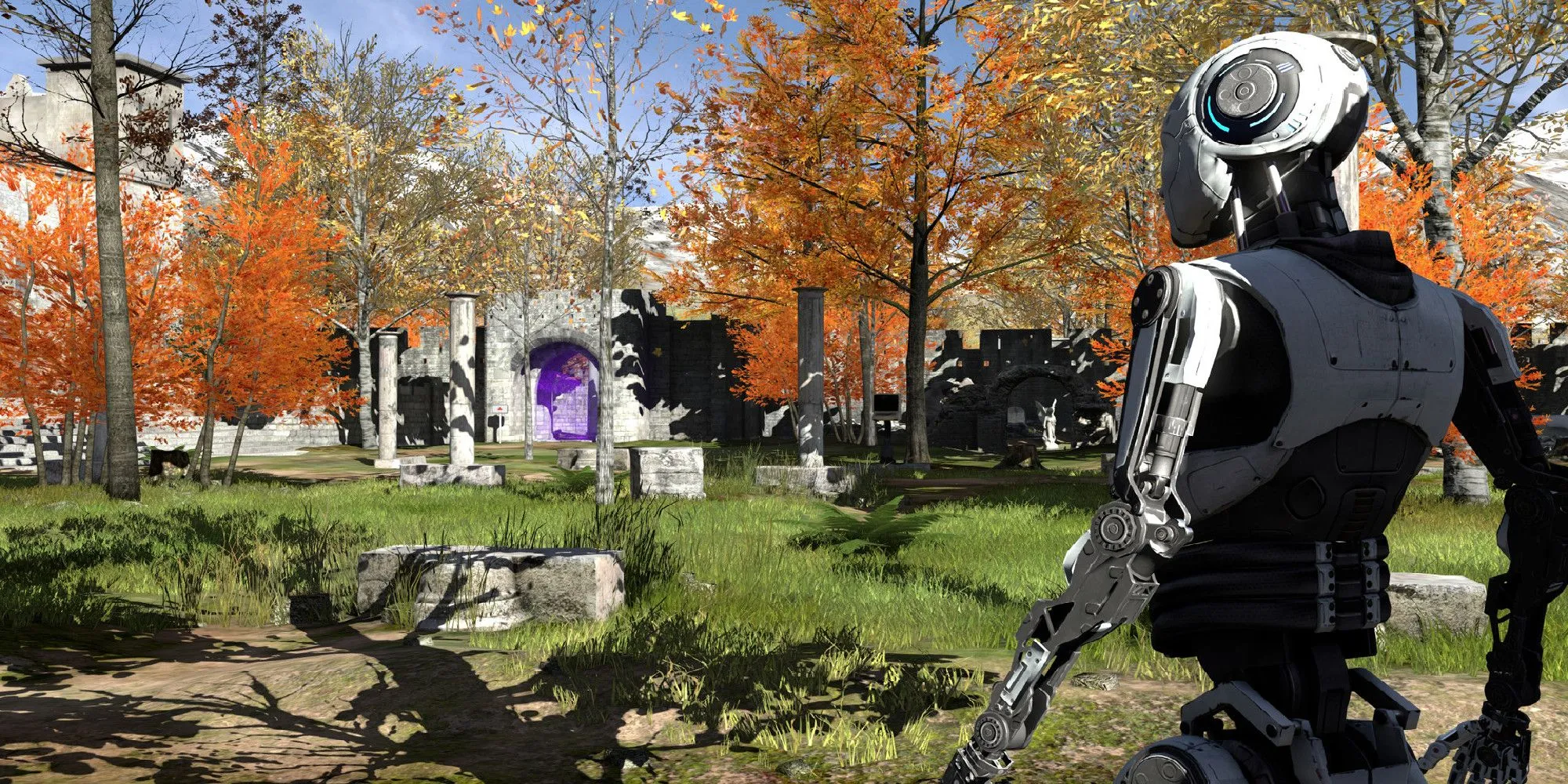Một android tiến đến cánh cửa có rào chắn trong The Talos Principle