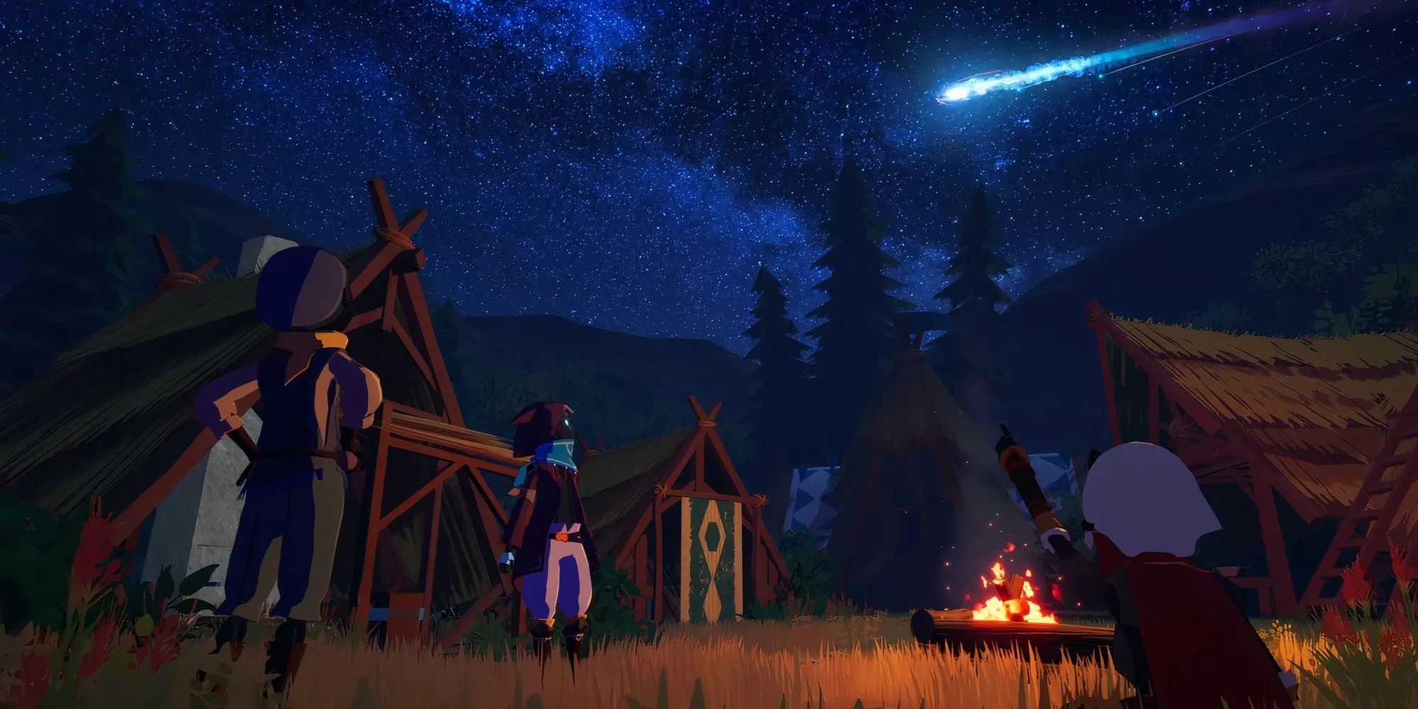 Một cảnh đẹp trong thế giới mở Bitcraft Online: bầu trời đêm và sao băng, minh họa đồ họa game MMORPG sinh tồn.