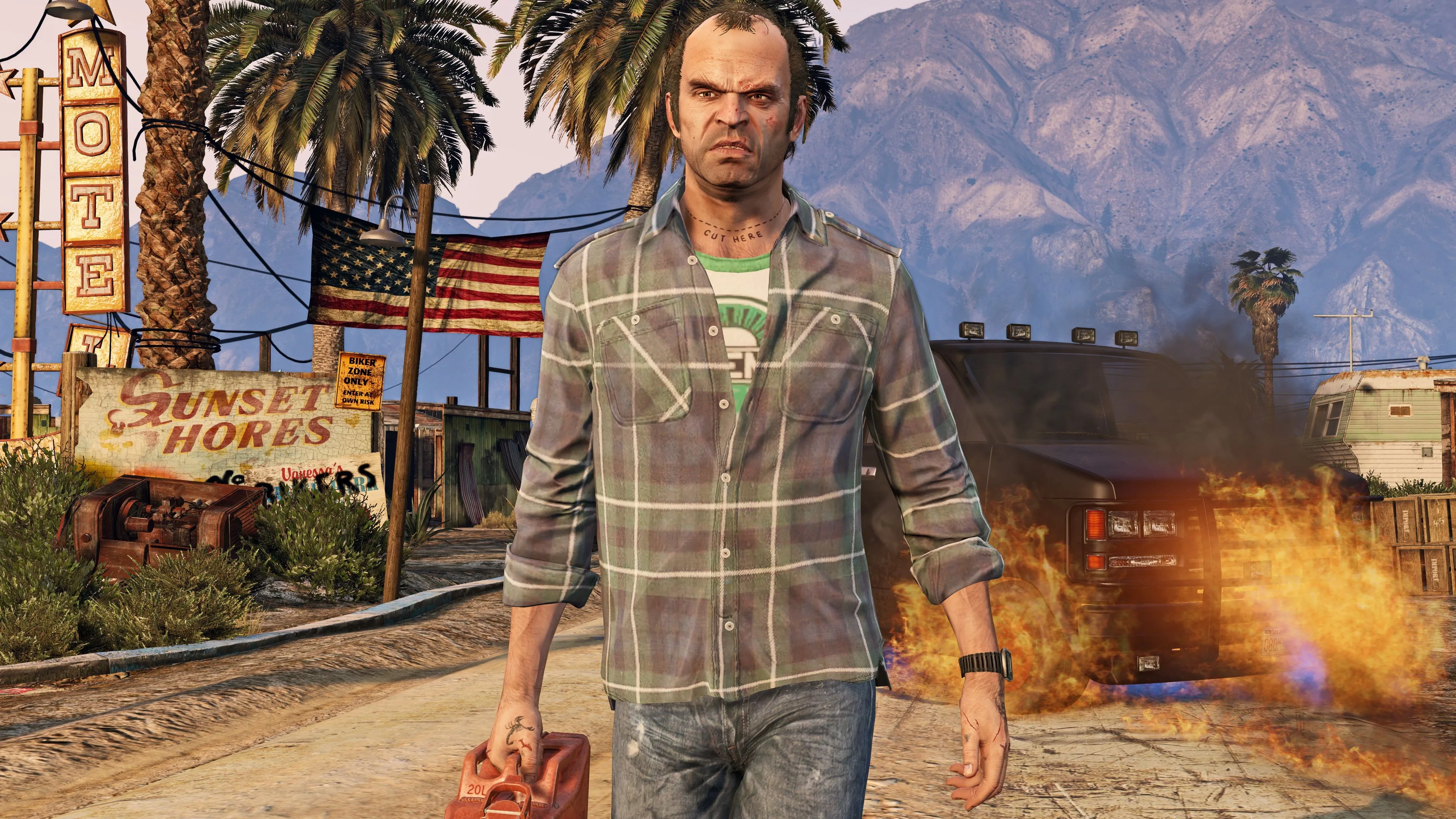 Một cảnh hành động điển hình từ Grand Theft Auto V, thể hiện môi trường thế giới mở rộng lớn.
