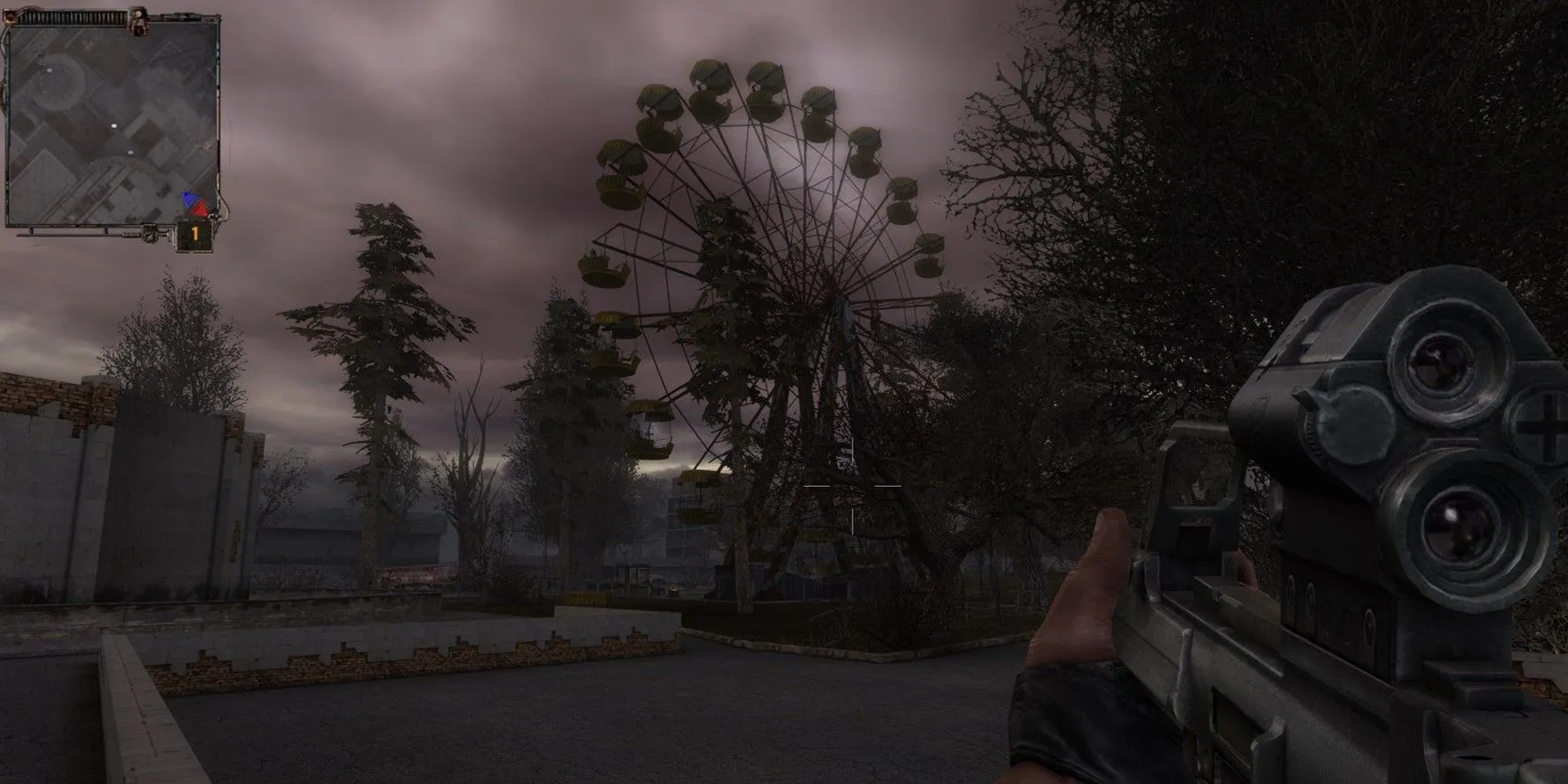 Một cảnh tượng trong game STALKER Shadow of Chernobyl với nhà máy hạt nhân làm nền