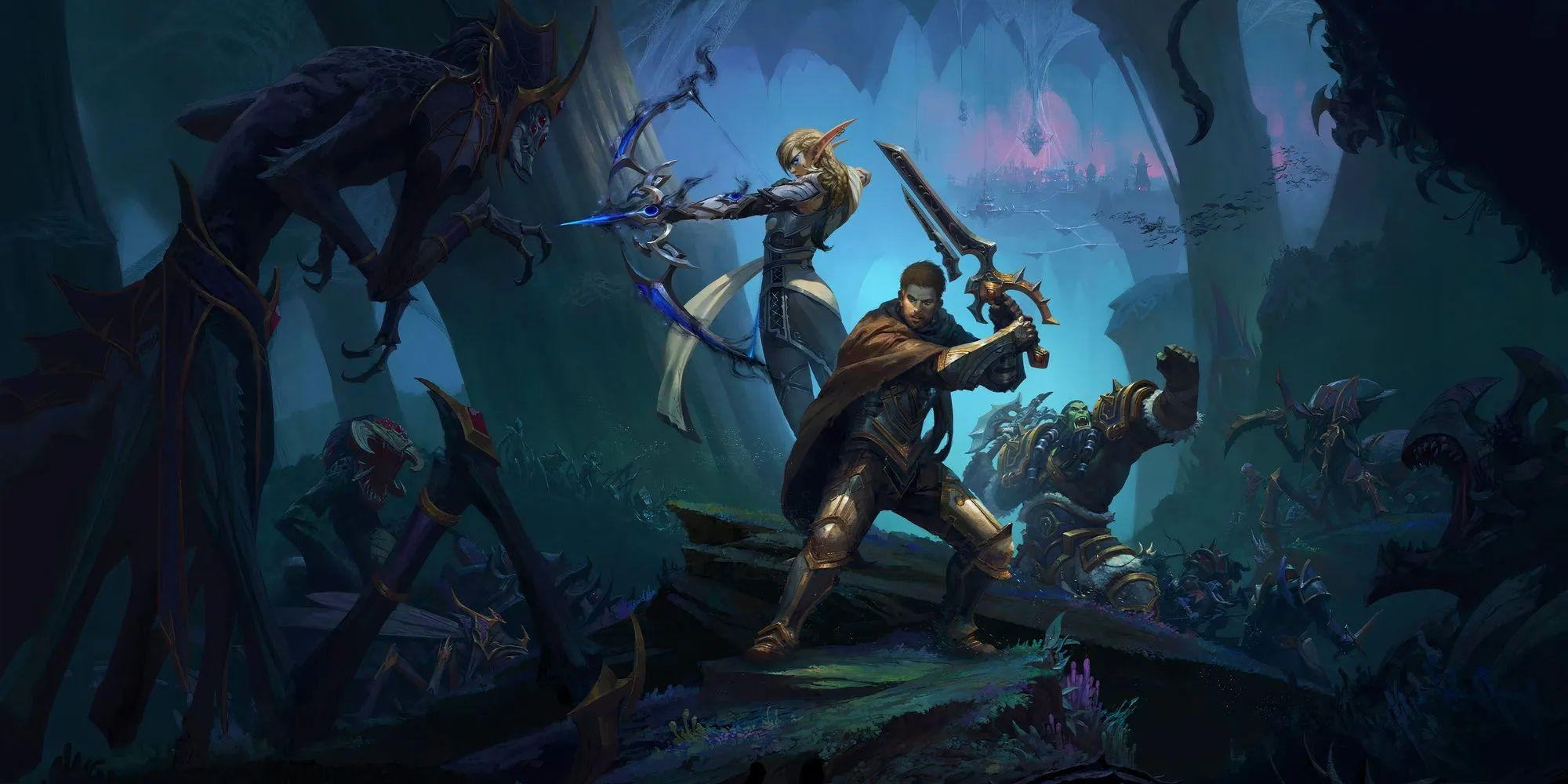 Một hình ảnh quảng cáo từ World of Warcraft The War Within với các nhân vật giả tưởng chuẩn bị cho trận chiến.