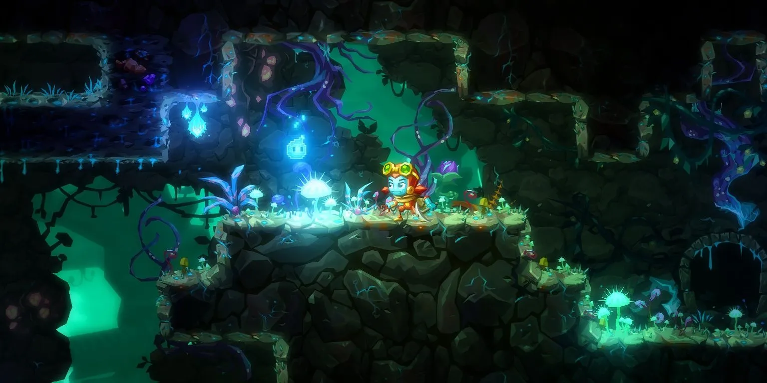Một người máy đang đào bới trong một hang động đầy kho báu trong SteamWorld Dig 2