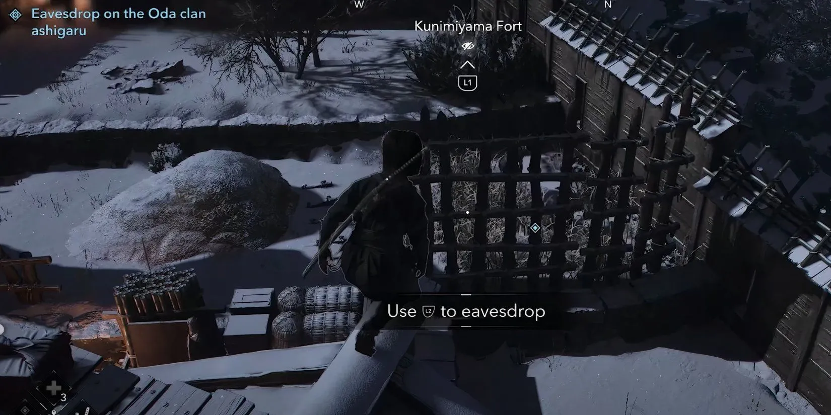 Naoe eavesdrops during Before the Fall in Assassins Creed Shadows