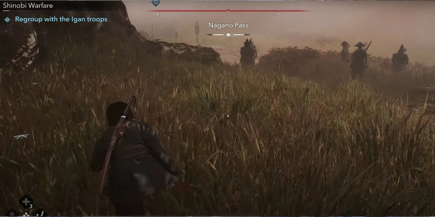 Naoe sneaks around Nobunaga soldiers in Assassins Creed Shadows