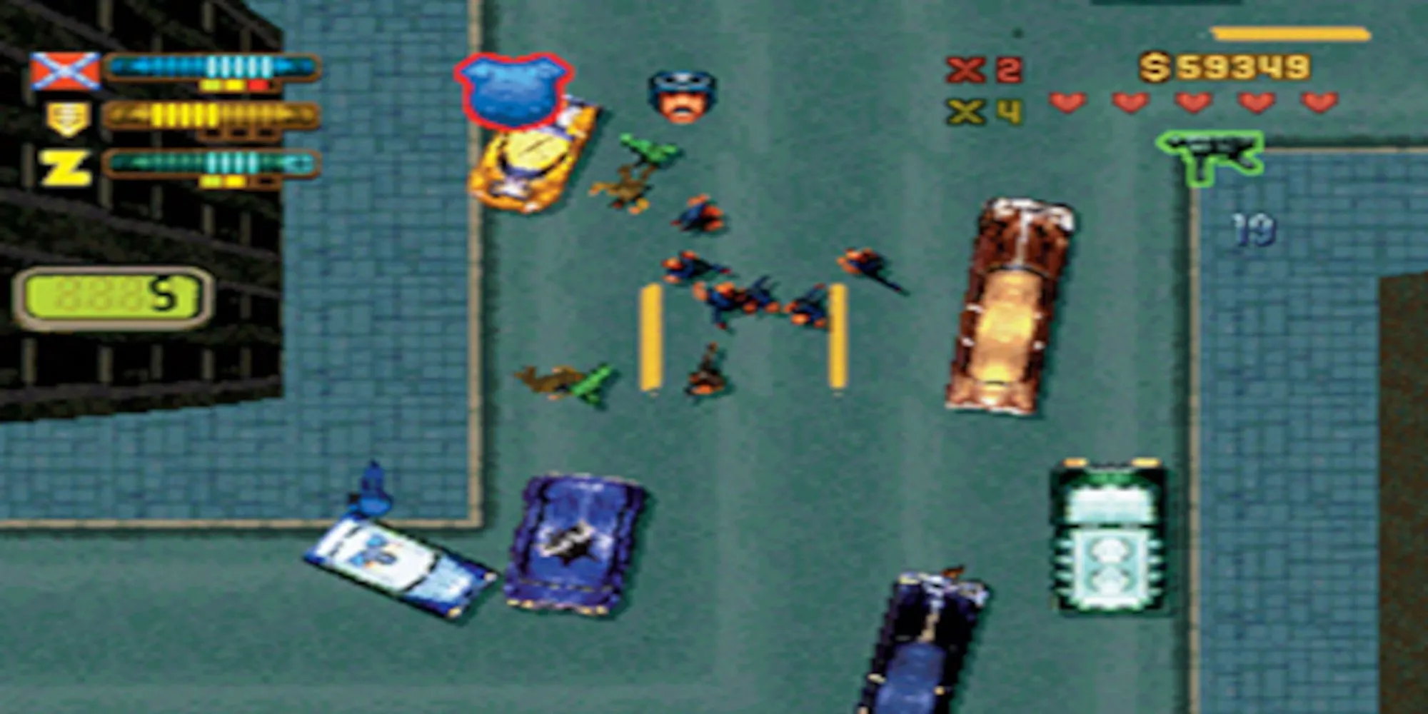 Người chơi Grand Theft Auto II chiến đấu với cảnh sát trên đường phố