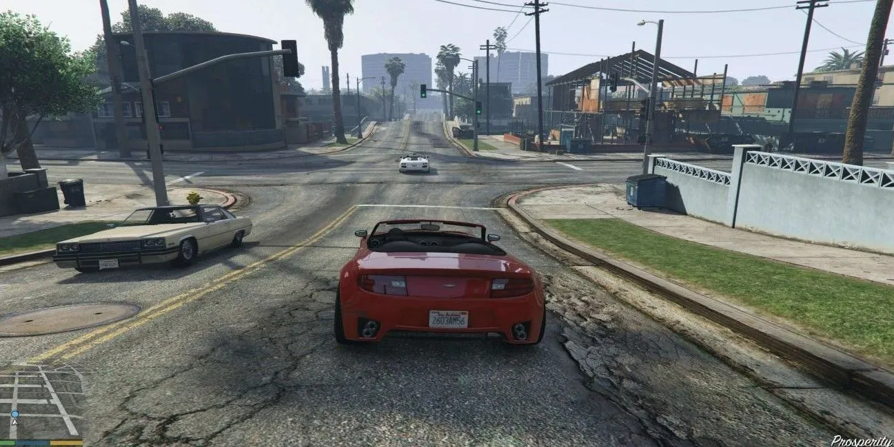 Người chơi lái xe cẩn thận trên đường phố Los Santos trong GTA 5