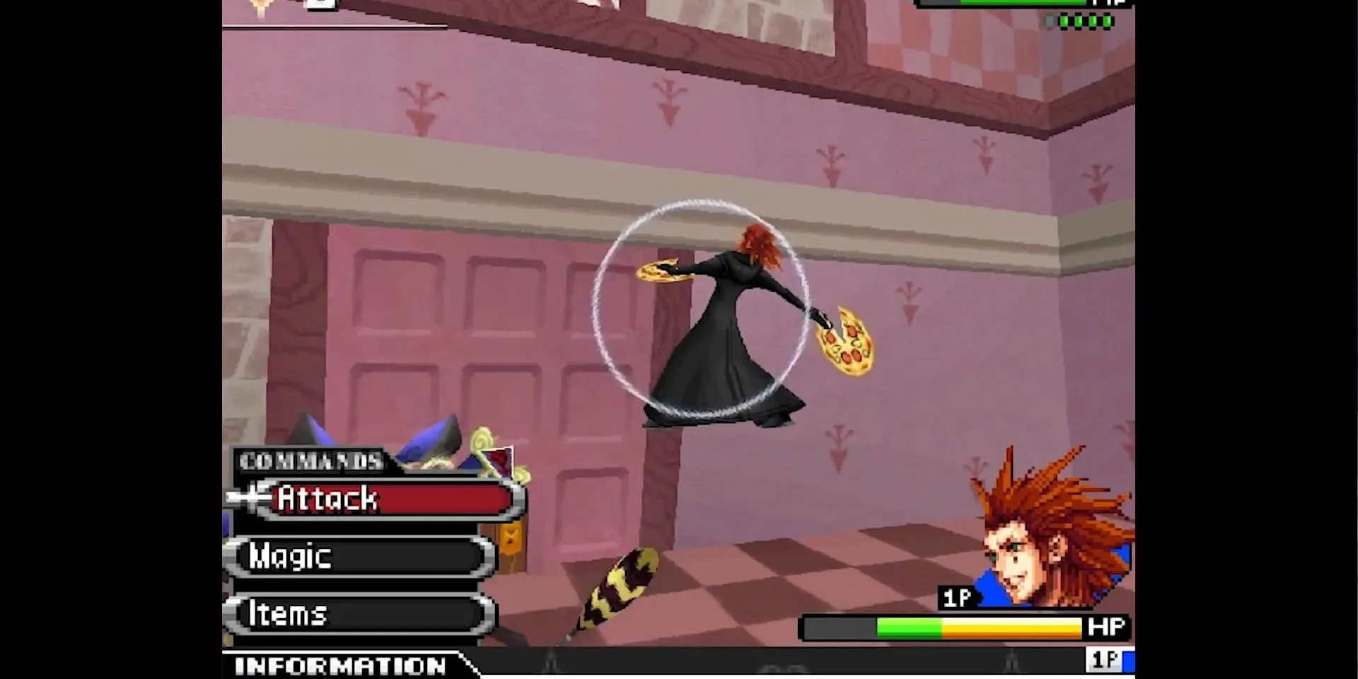 Nhân vật Axel trong Kingdom Hearts 358/2 Days cầm hai chiếc Pizza làm vũ khí.
