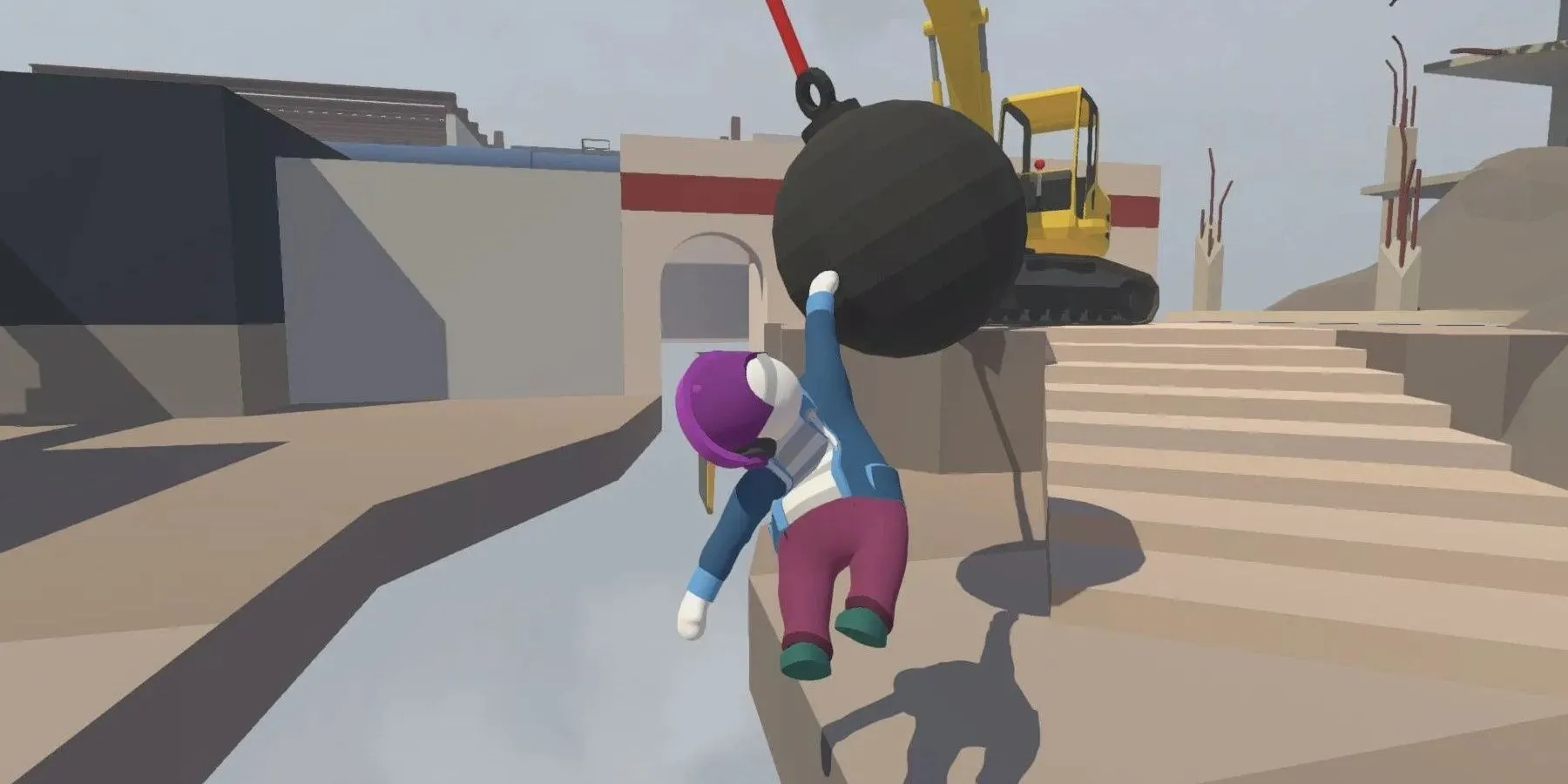 Nhân vật bobblehead trong Human: Fall Flat đang cố gắng bám vào một gờ tường