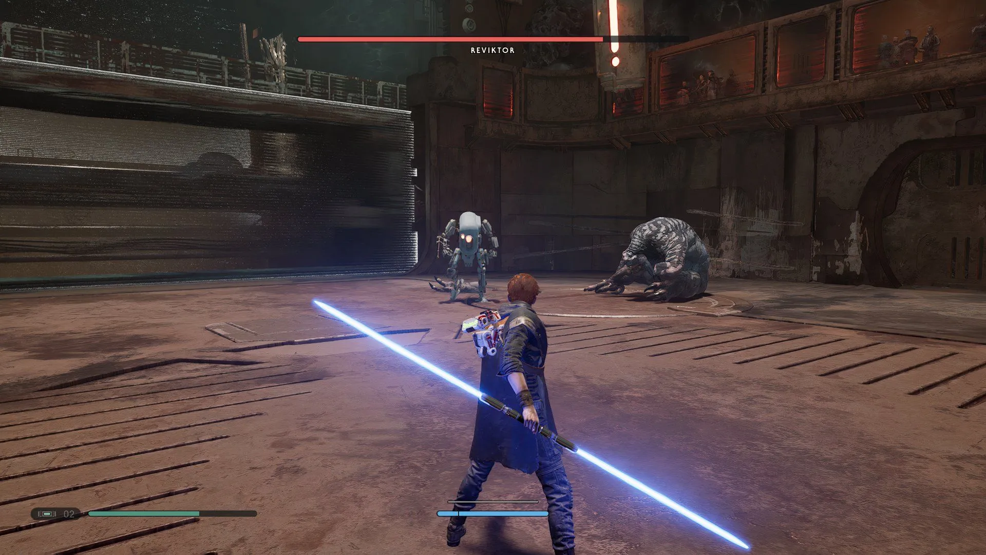 Nhân vật Cal Kestis với lightsaber đứng trên hành tinh ngoài không gian trong game Star Wars Jedi Fallen Order