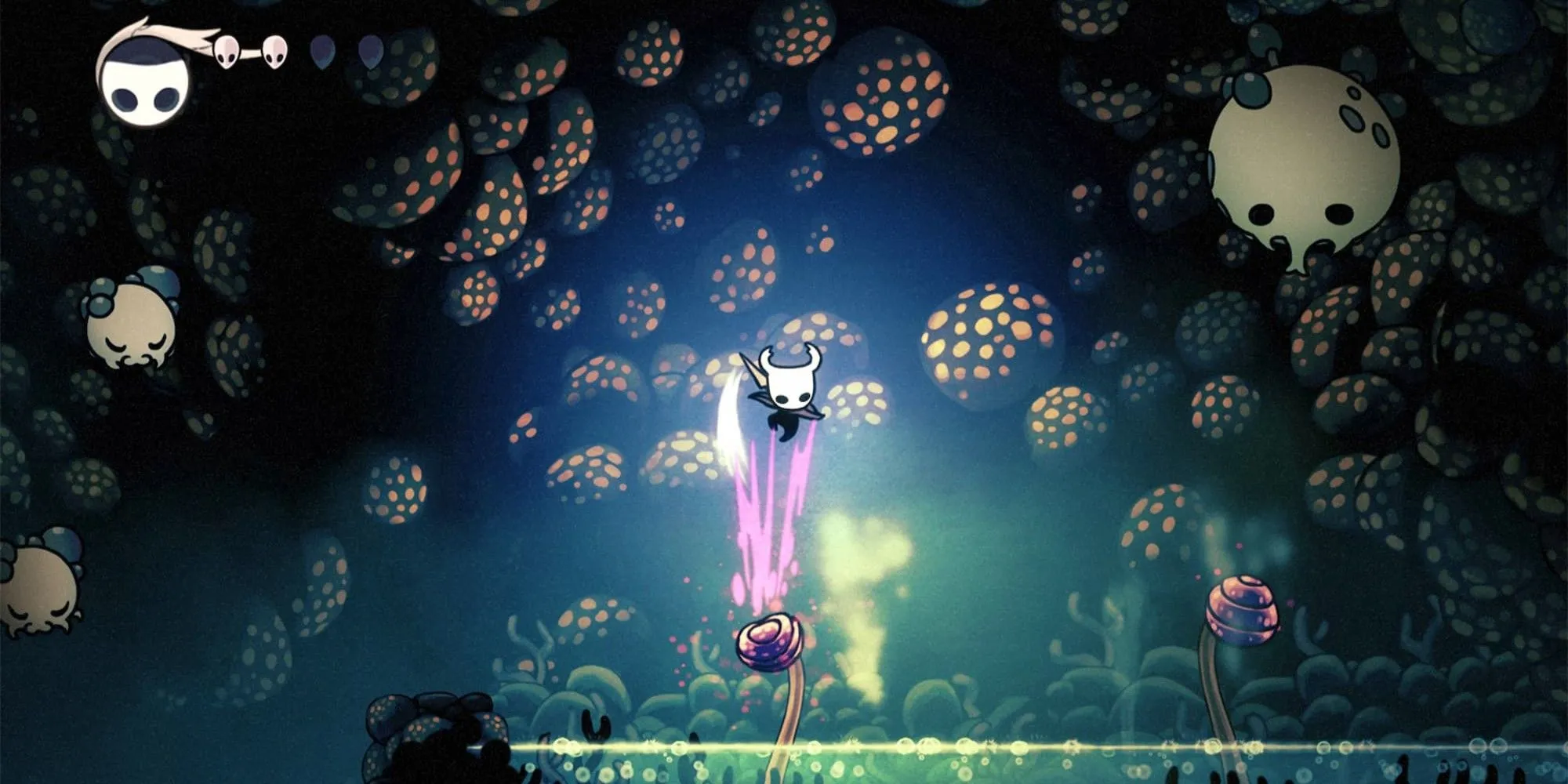Nhân vật chính Hollow Knight nhảy trên một thực vật phát sáng