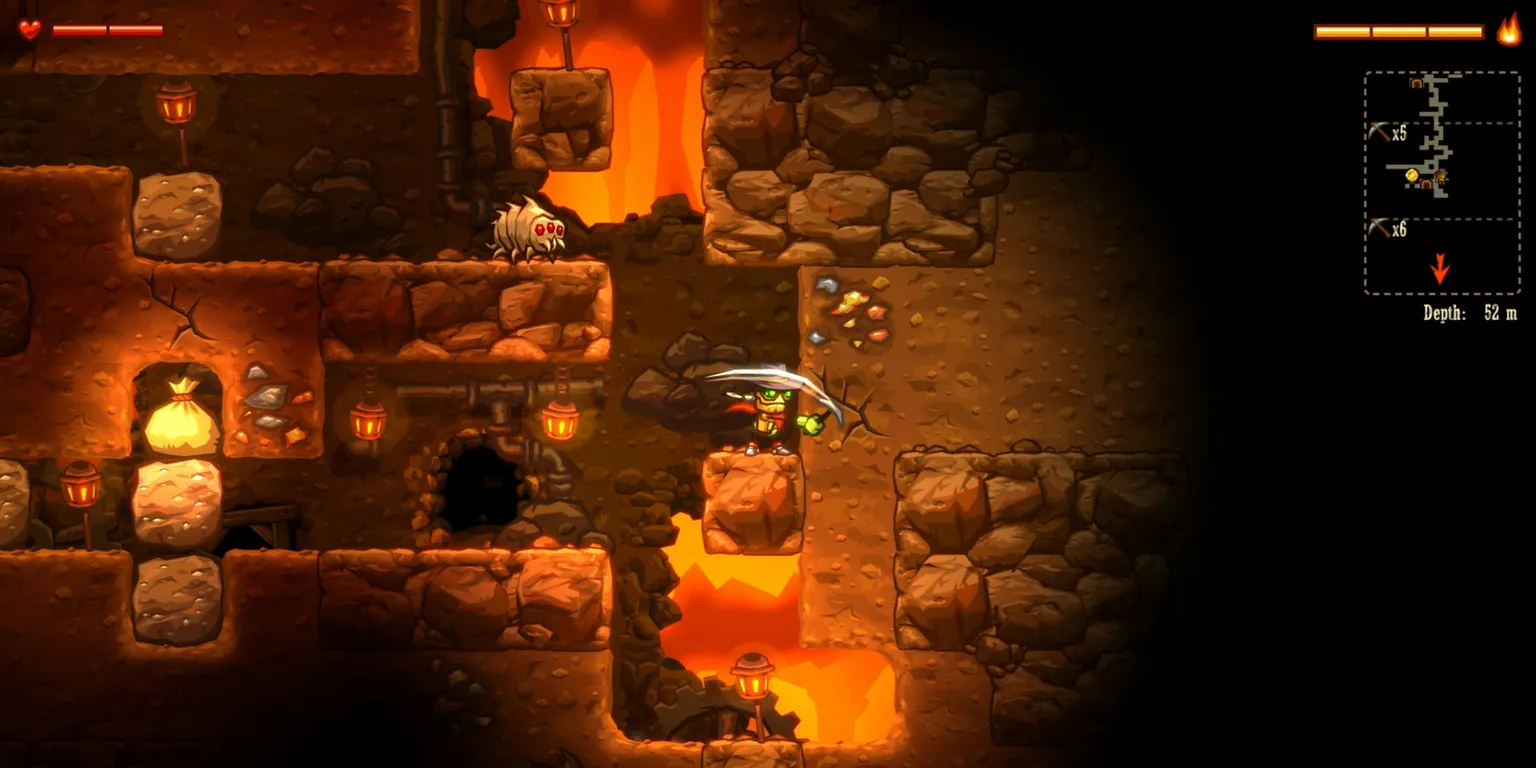 Nhân vật chính Rusty, một người máy miner, sử dụng cuốc để đào trong SteamWorld Dig