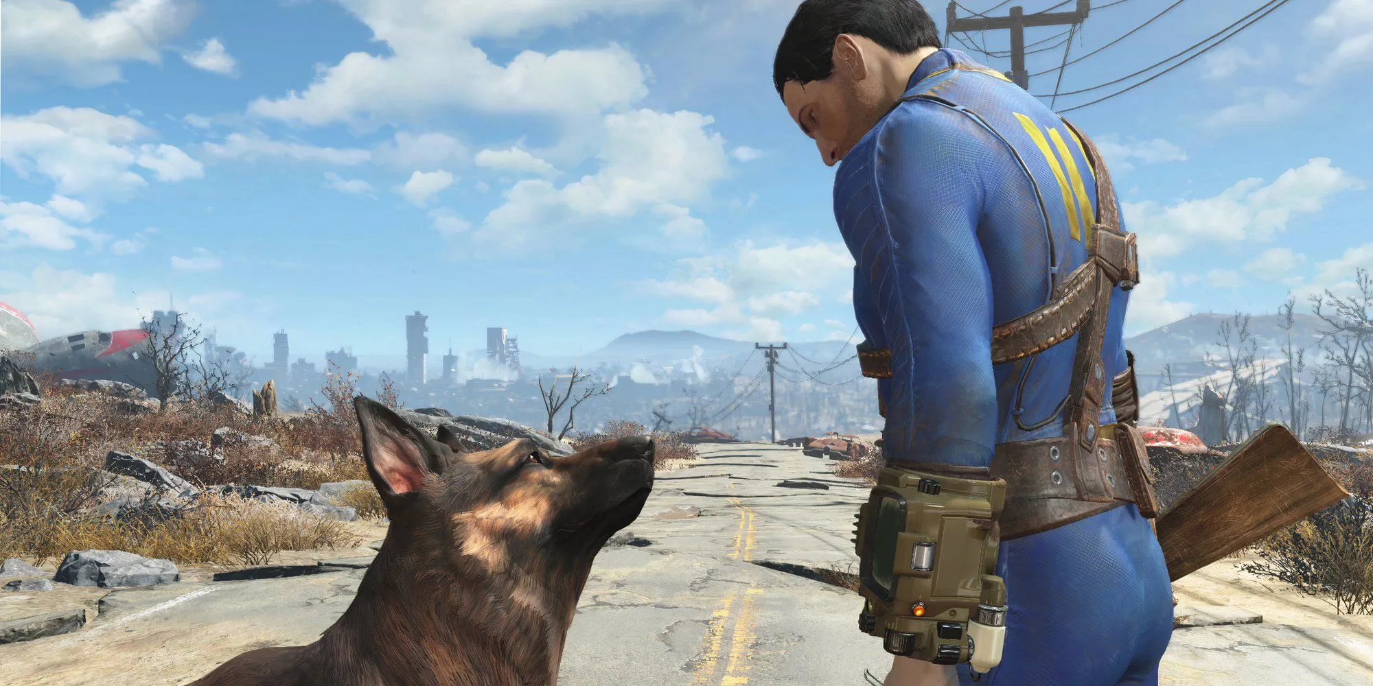 Nhân vật chính (Sole Survivor) tương tác với người bạn đồng hành Dogmeat trong bối cảnh hoang tàn của Fallout 4.