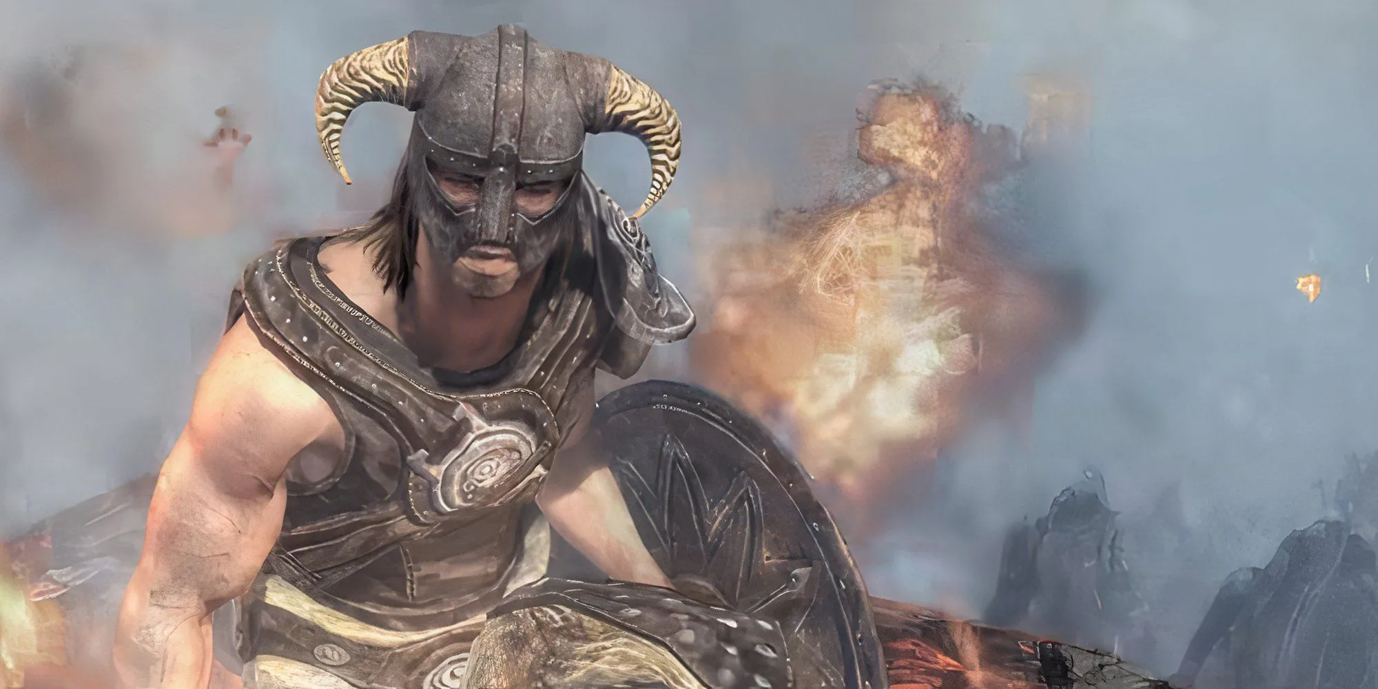 Nhân vật chính The Elder Scrolls V: Skyrim ngồi quanh lửa trại ngoài trời