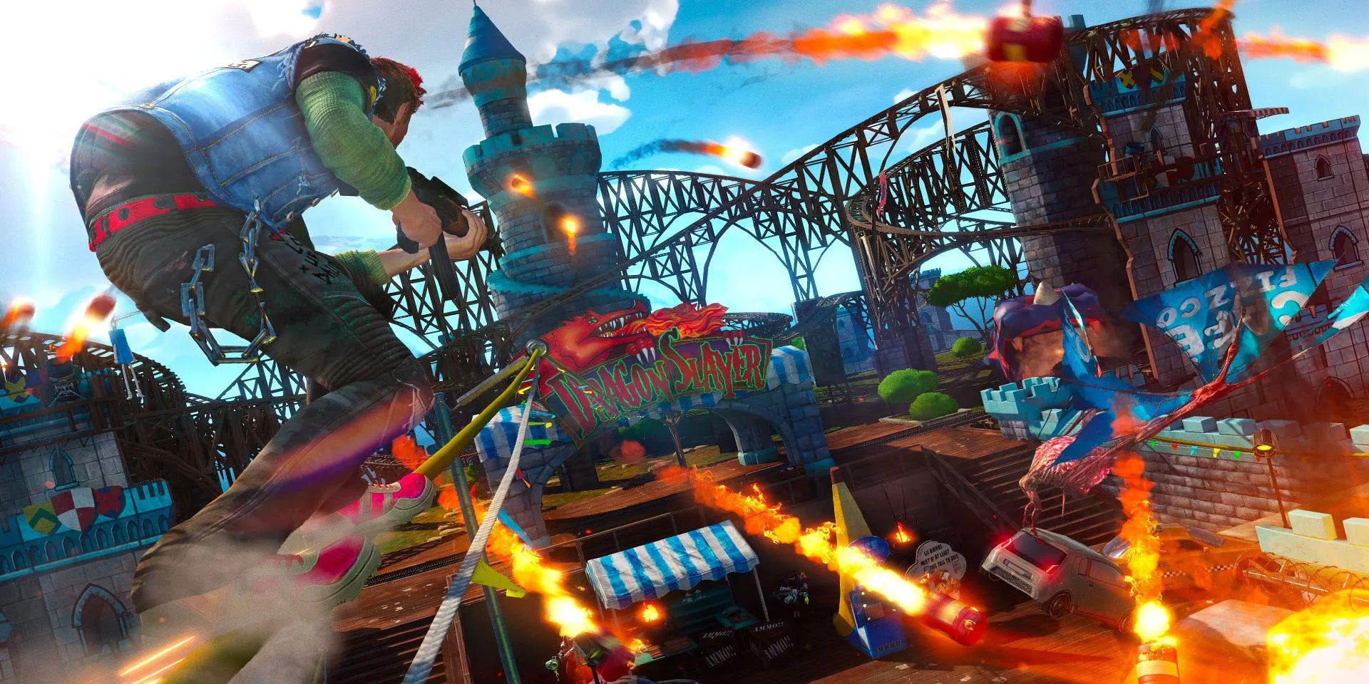 Nhân vật đang grind trên đường ray trong Sunset Overdrive