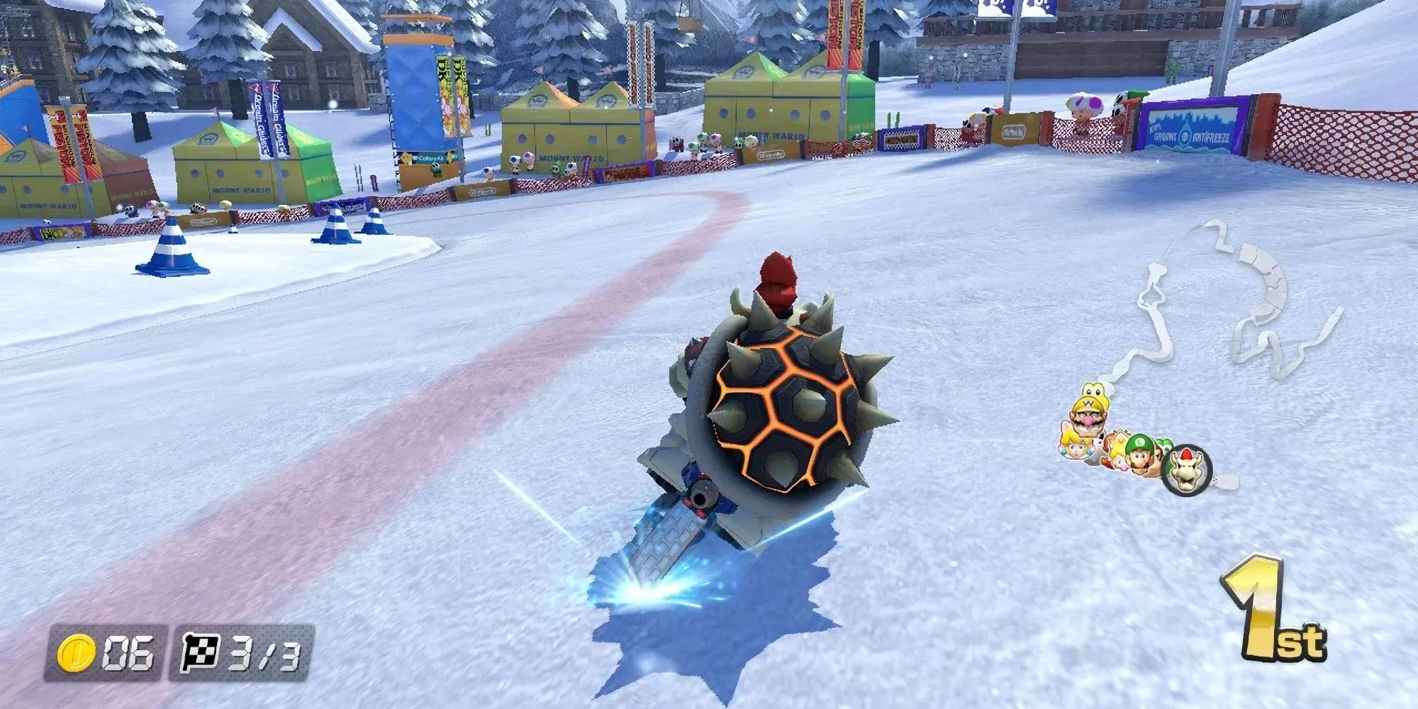 Nhân vật Dry Bowser đua xe trên đường đua Mount Wario trong Mario Kart 8 Deluxe.