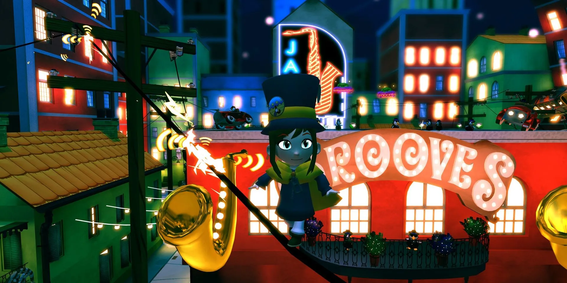 Nhân vật Hat Kid di chuyển trên đường dây điện trong A Hat in Time