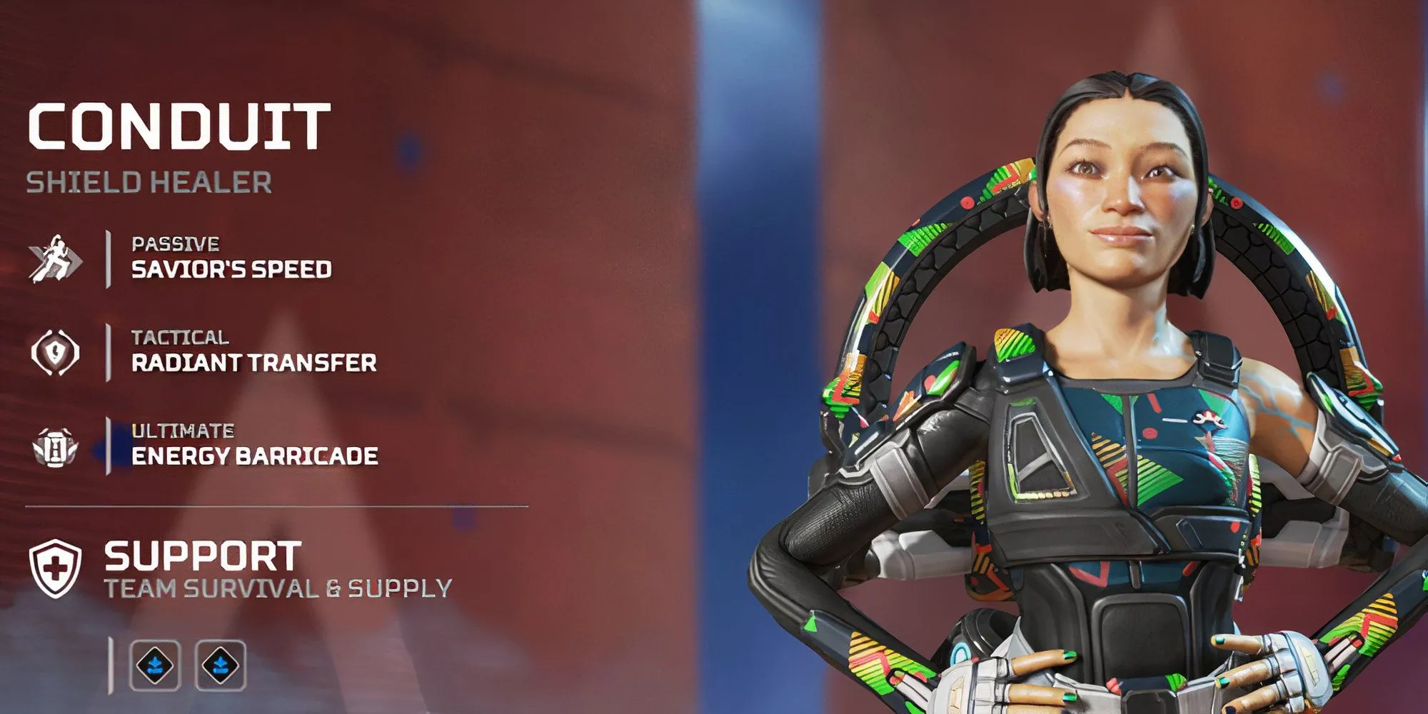 Nhân vật hỗ trợ Conduit trong Apex Legends triển khai kỹ năng hồi khiên, bảo vệ đồng đội trong giao tranh