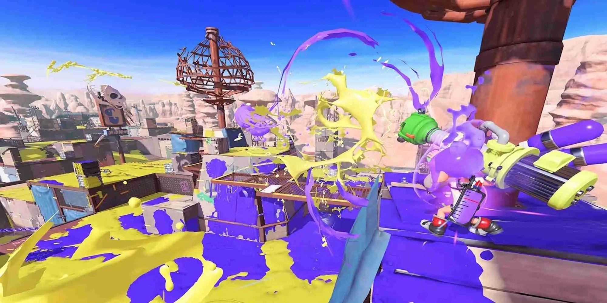Nhân vật Inkling cầm Rainmaker tiến về phía căn cứ địch trong mode cướp cờ của Splatoon 3