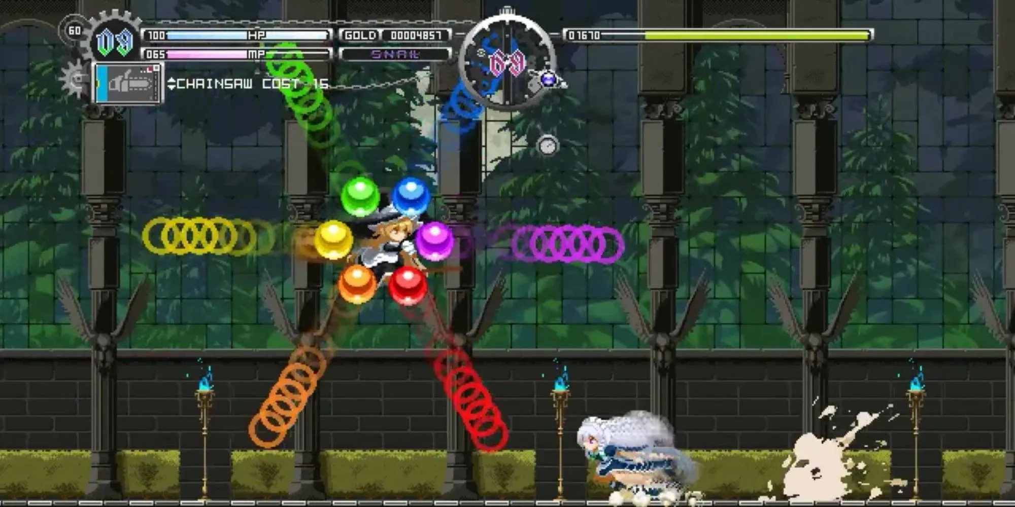 Nhân vật Sakuya trong Touhou Luna Nights sử dụng khả năng thao túng thời gian